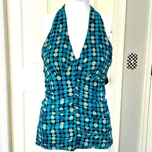 Vintage Express Blue/Black Polka Dot Fully Lined Silk Halter Blouse w/Side Zip-4